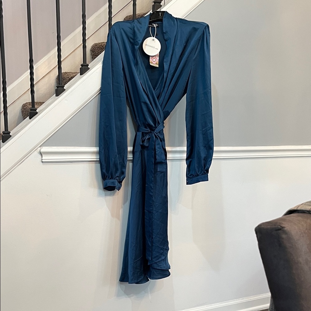 Boohoo Teal Long Sleeve Wrap Midi Dress